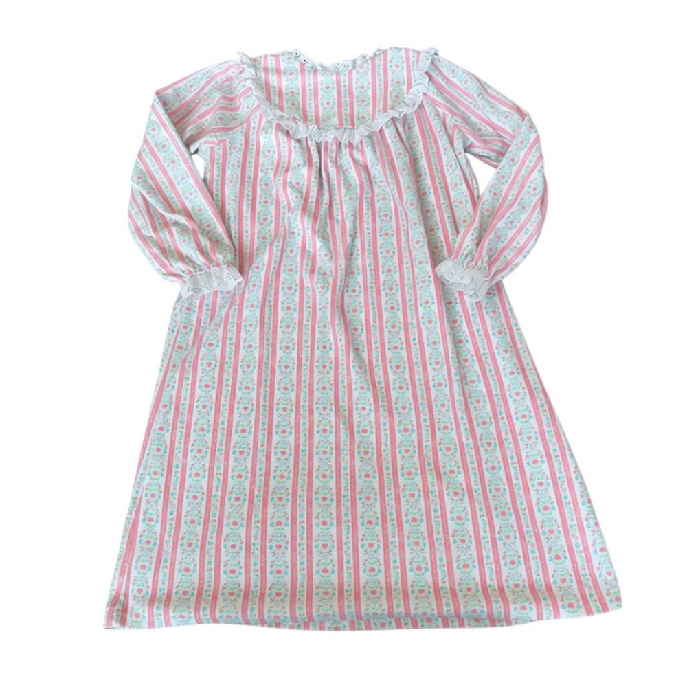 Lanz Girls 6/6X Pink Floral Heart Stripe Flannel Nightgown Eyelet Lace